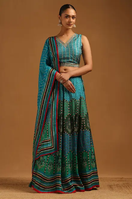 Teal Blue Russian Silk Chevrons Lehenga With Sequins